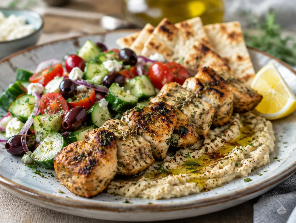 Plato de pollo a la brasa con hummus