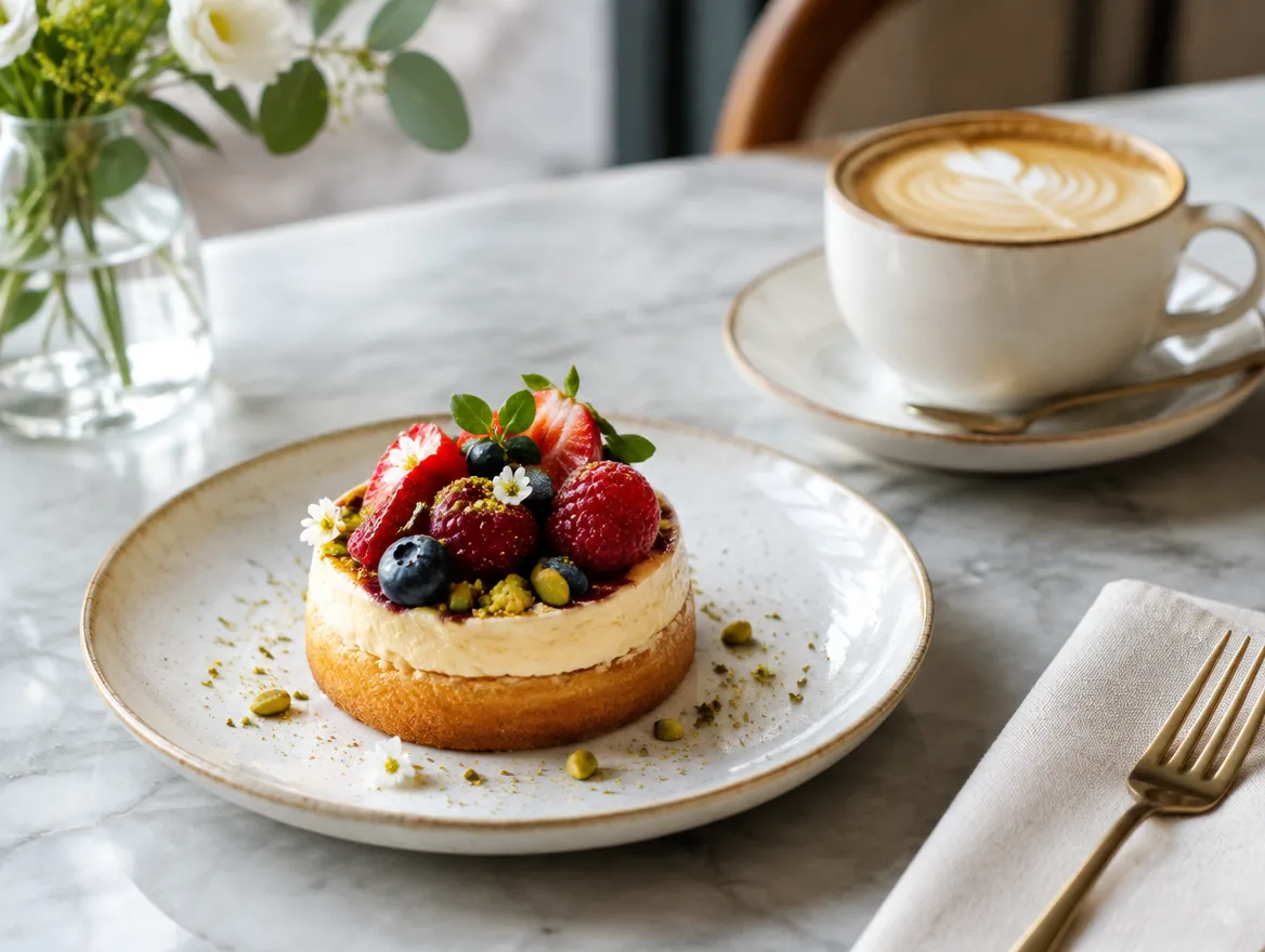 Tarta con frutos rojos y café